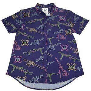 Savage Tacticians Button Shirt LARGE Neon Lights and Gun Fights Skulls Print